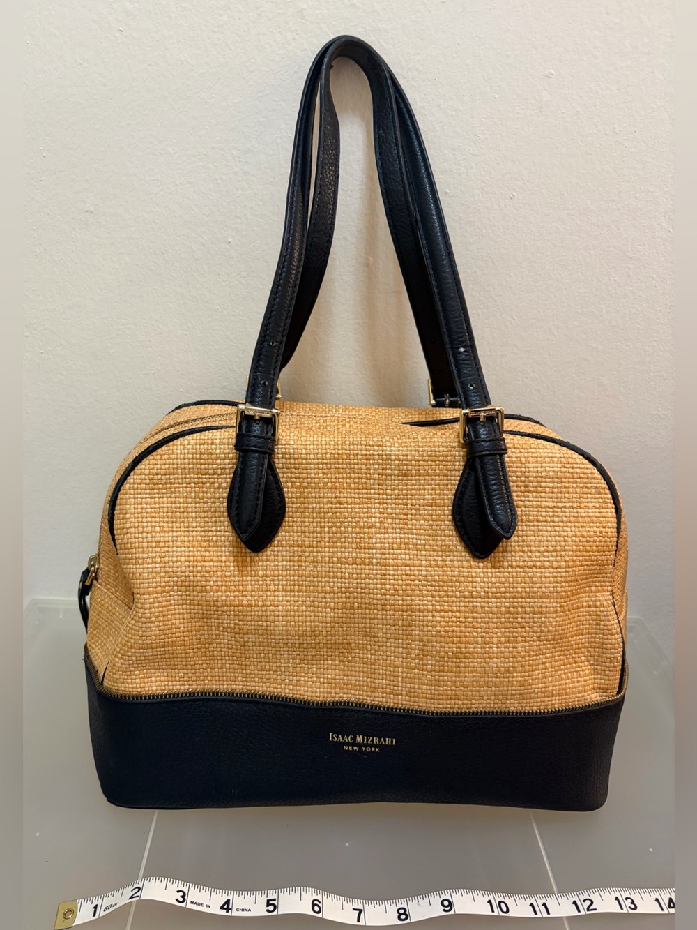 Isaac Mizrahi Diana Black Pleather and Tan Woven Shoulder Bag